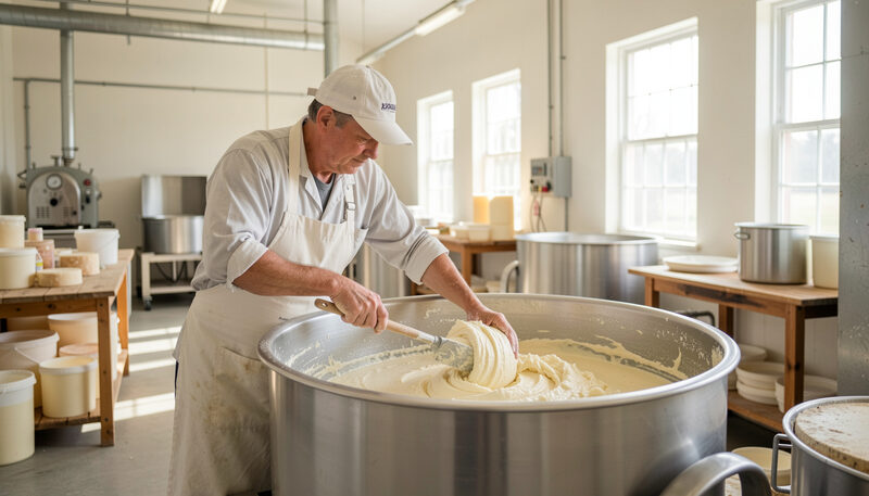 A creamery worktable in Norridgewock with fresh ricotta draining in cloth, small aged cheeses resting on shelves behind and a cheesemaker's hands at work.