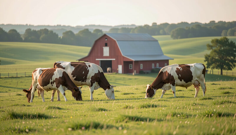 A farm lane at the edge of the Belgrade Lakes region at dawn, open pasture and a barn roofline under soft light, a dirt road leading toward the buildings.