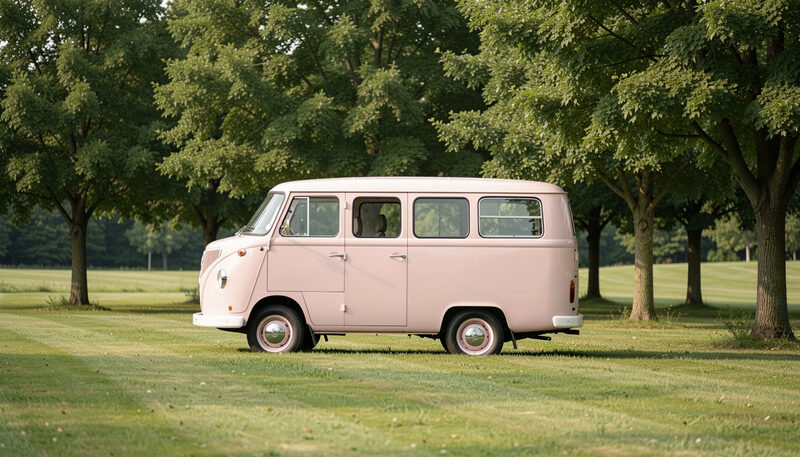 A small pink ice cream bus parked on grass beside a market row, its serving window open and a hand-lettered menu blank, families crossing the lane.