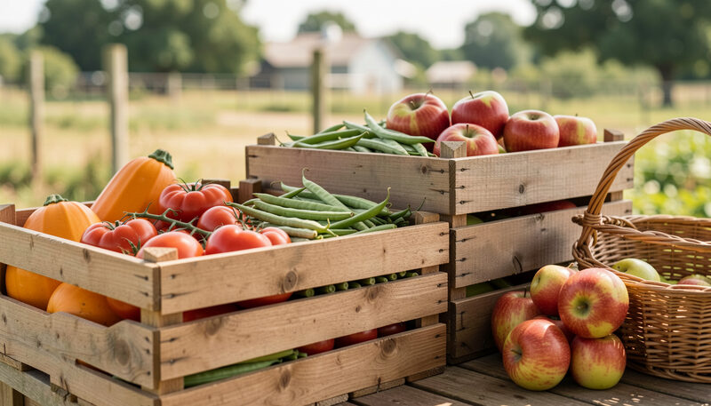 Wooden crates of just-picked tomatoes, green beans and red apples stacked at a farm stand, a wicker basket in the foreground, a pasture fence line behind in warm summer light.