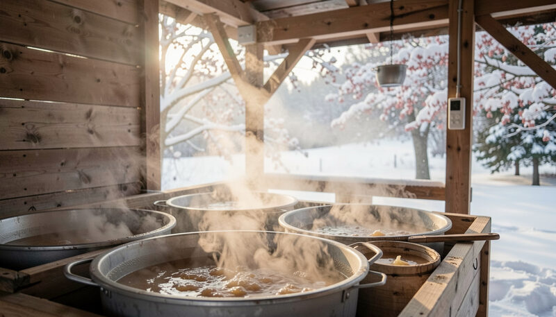 A Maine sap house at sugaring time, sap buckets hanging on maple trunks outside and a steaming evaporator within, cordwood stacked along the wall.