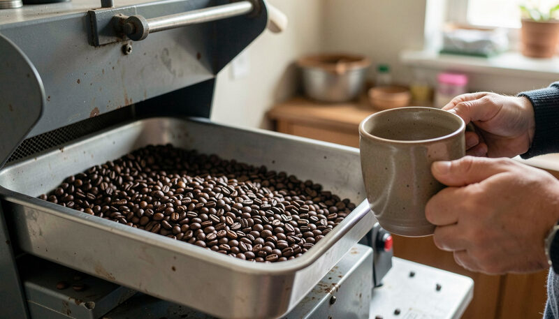 A small-batch coffee roaster at work in Farmingdale, beans resting in a cooling tray and sealed bags labeled by hand on a scarred wooden counter.
