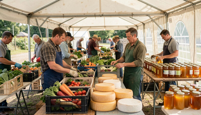 Shoppers comparing notes between two market stalls in Belgrade Lakes village, wooden crates and baskets of produce under canvas, a quiet morning crowd on the lane.